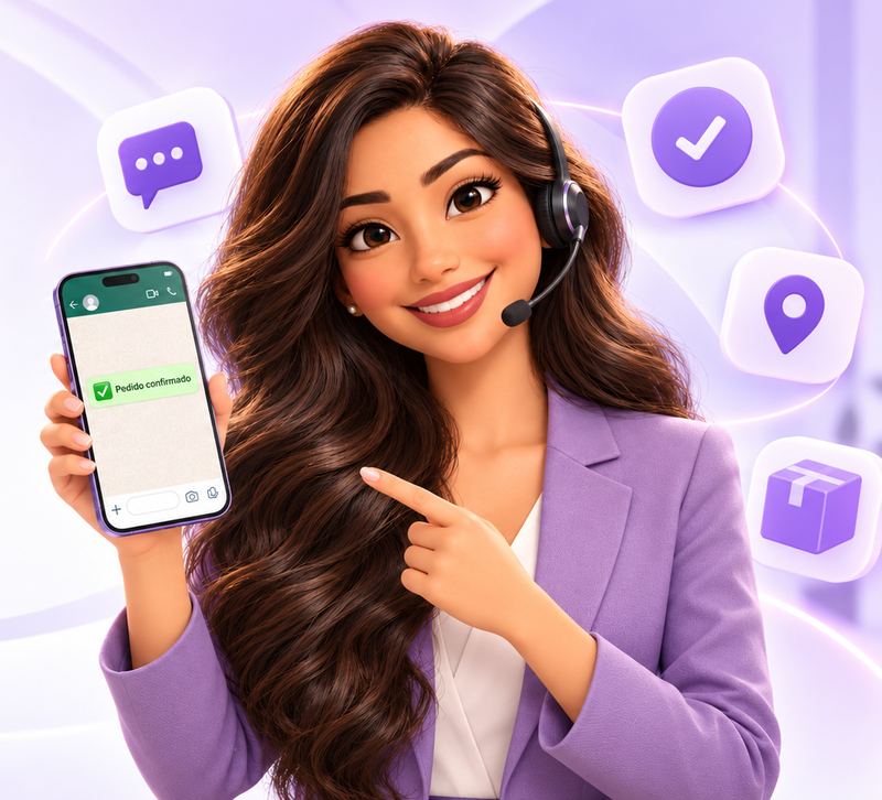 Valeria PRO con un celular que muestra un pedido confirmado